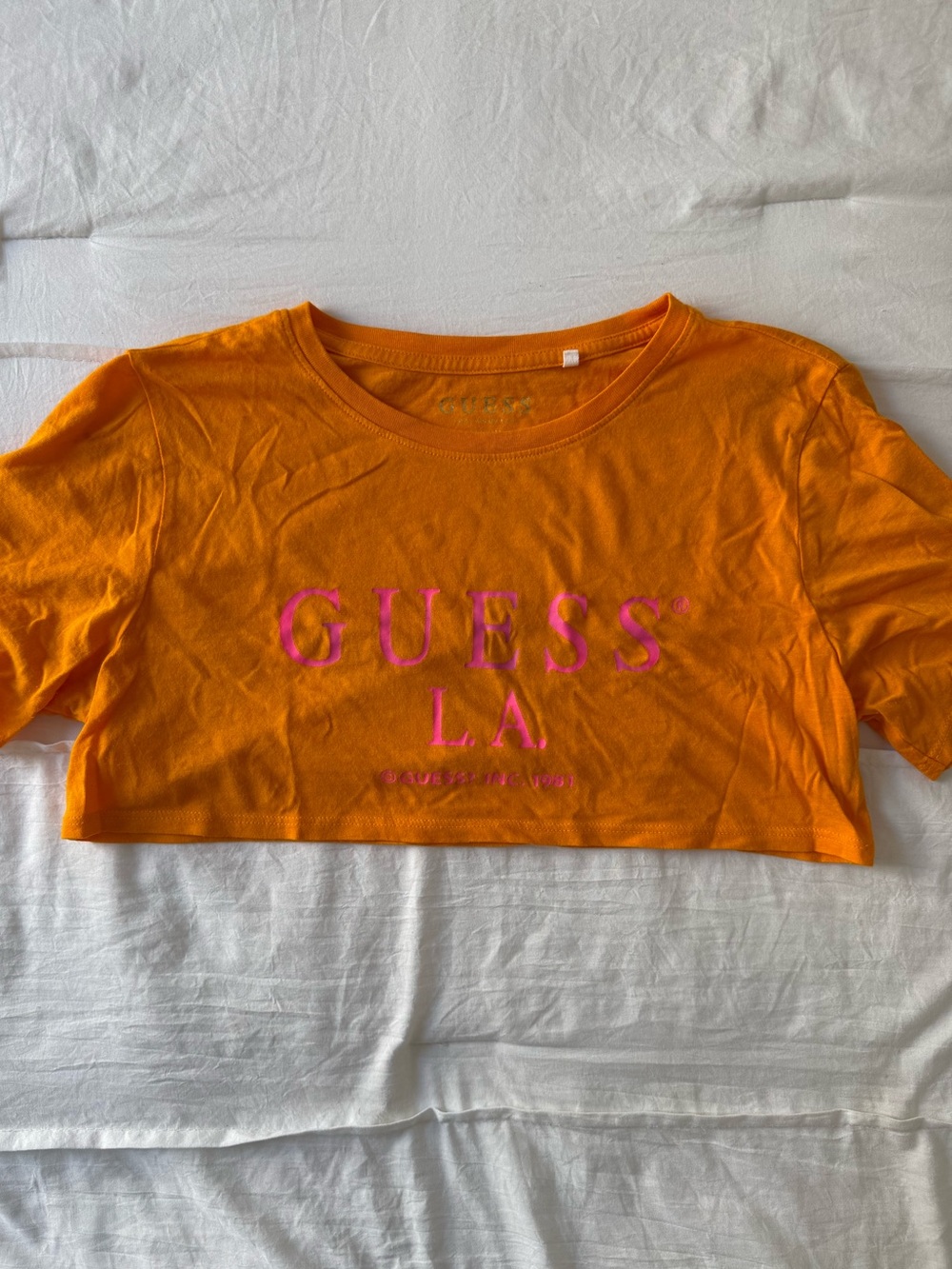 Guess Orange Cropped Tee with Pink Logo